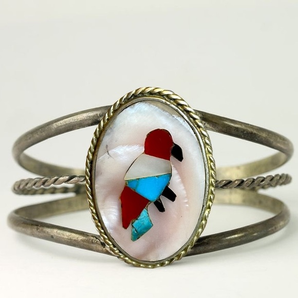 Zuni Turquoise and Coral Inlaid Stone Sterling Silver Bird Cuff Bracelet - Picture 1 of 16